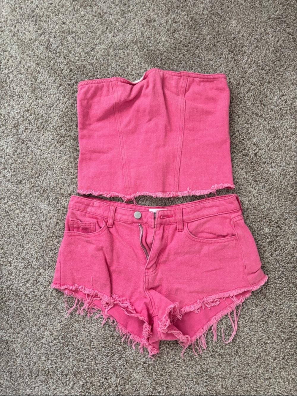 Bright Pink Strapless Zip-Up Tube Top with Frayed Denim Shorts Set